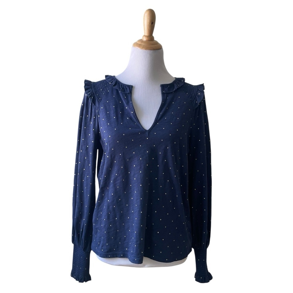 Boden Notch Neck Smocked Frill Top Cotton Blouse in Navy Gold Dot Size 6 T1034 - Picture 2 of 11